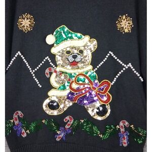 VTG Lindsey‎ Blake Womens Sweater Large Black Christmas Bear Sequin Holiday